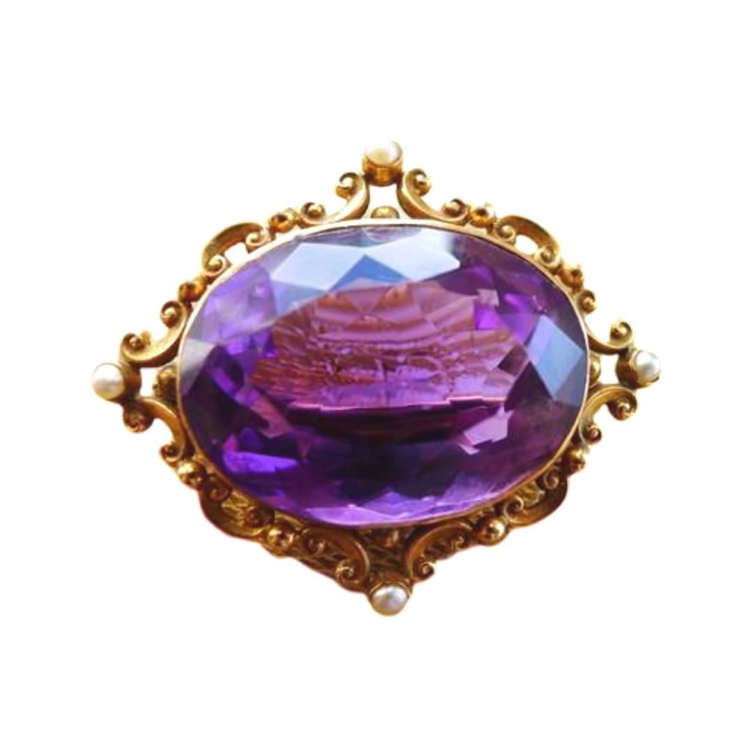 VICTORIAN 15CT GOLD NATURAL AMETHYST PEARL BROOCH