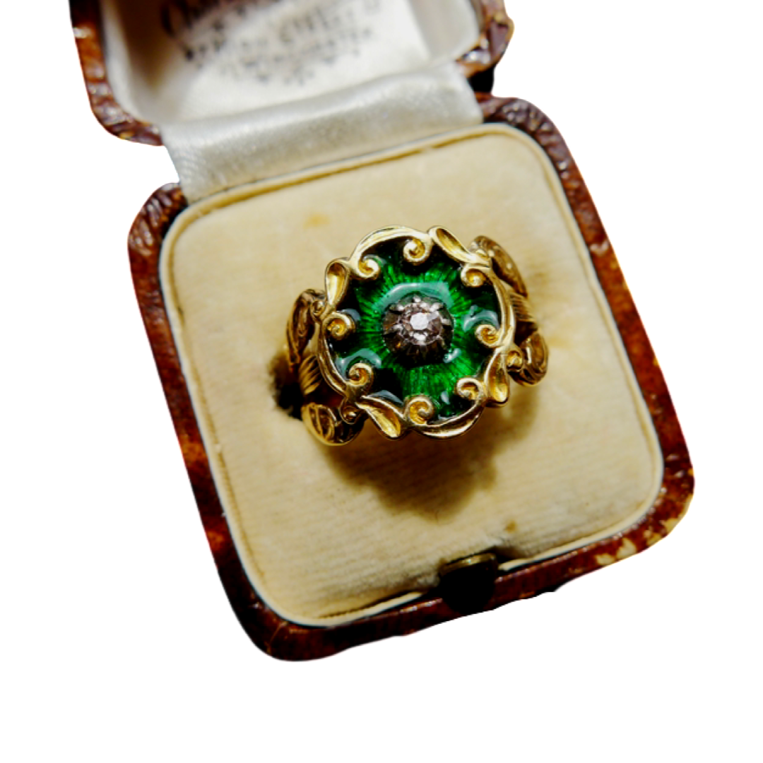 GEORGIAN 18CT GOLD DIAMOND GREEN ENAMEL GORGEOUS RING