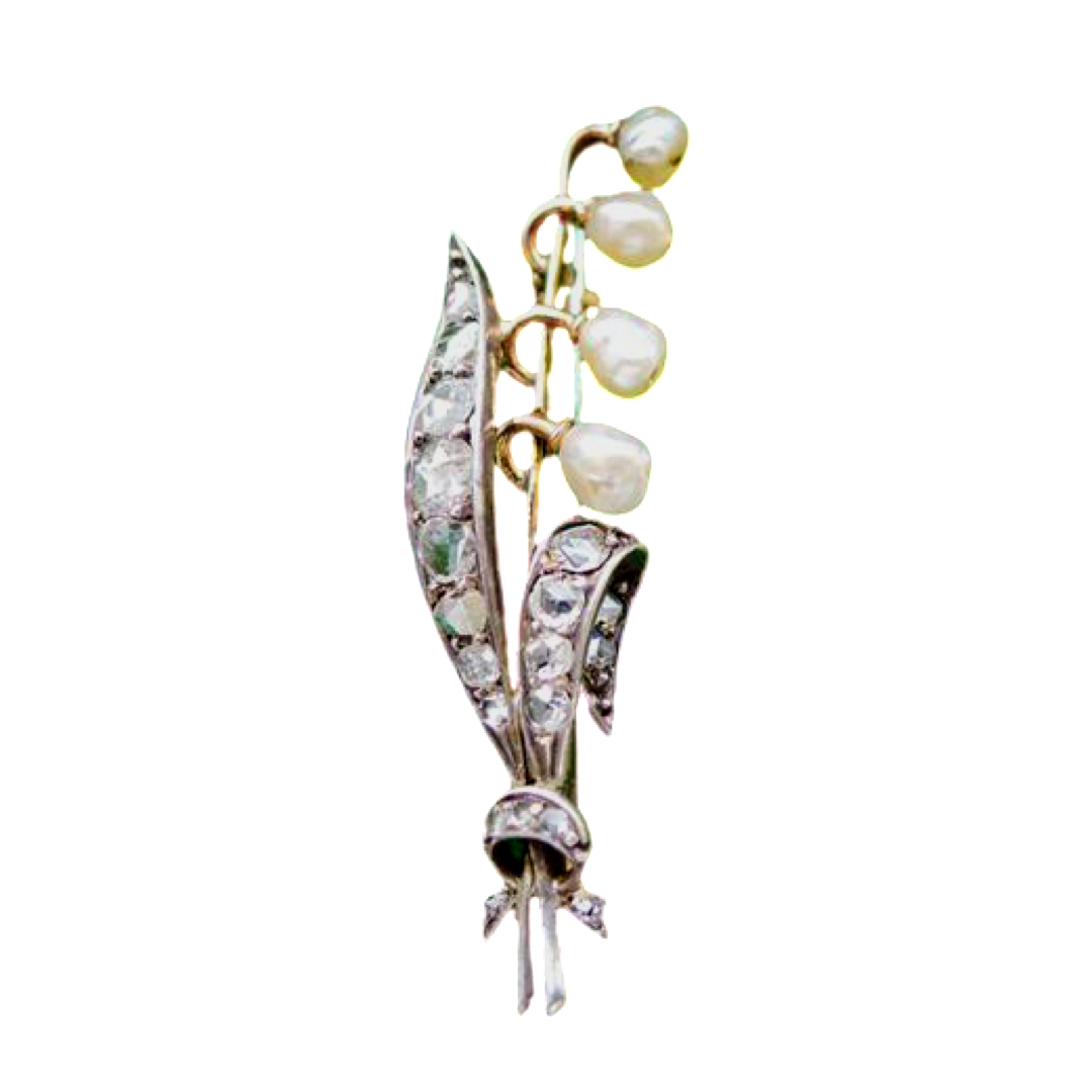 VICTORIAN 18CT GOLD AND SILVER NATURAL PEARL DIAMOND LILY OF THE VALLEY BROOCH