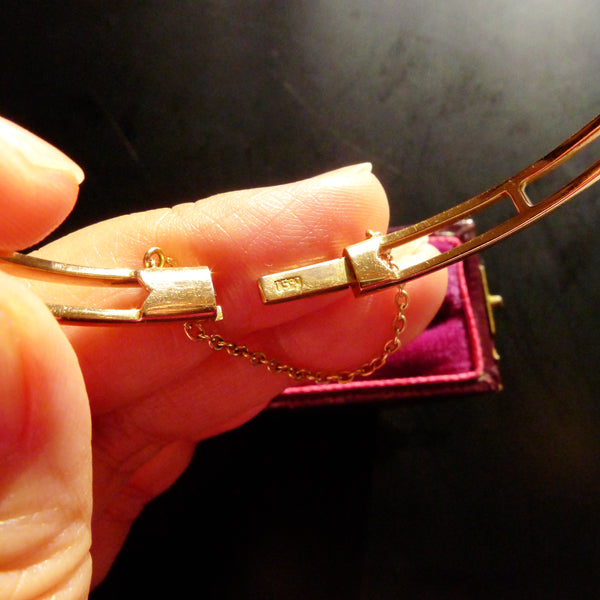 EDWARDIAN 15CT GOLD MARKED MABE PEARL DIAMOND BANGLE
