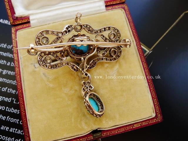 VICTORIAN 18CT GOLD AND SILVER NATURAL TURQUOISE DIAMOND SNAKES STUNNING BROOCH